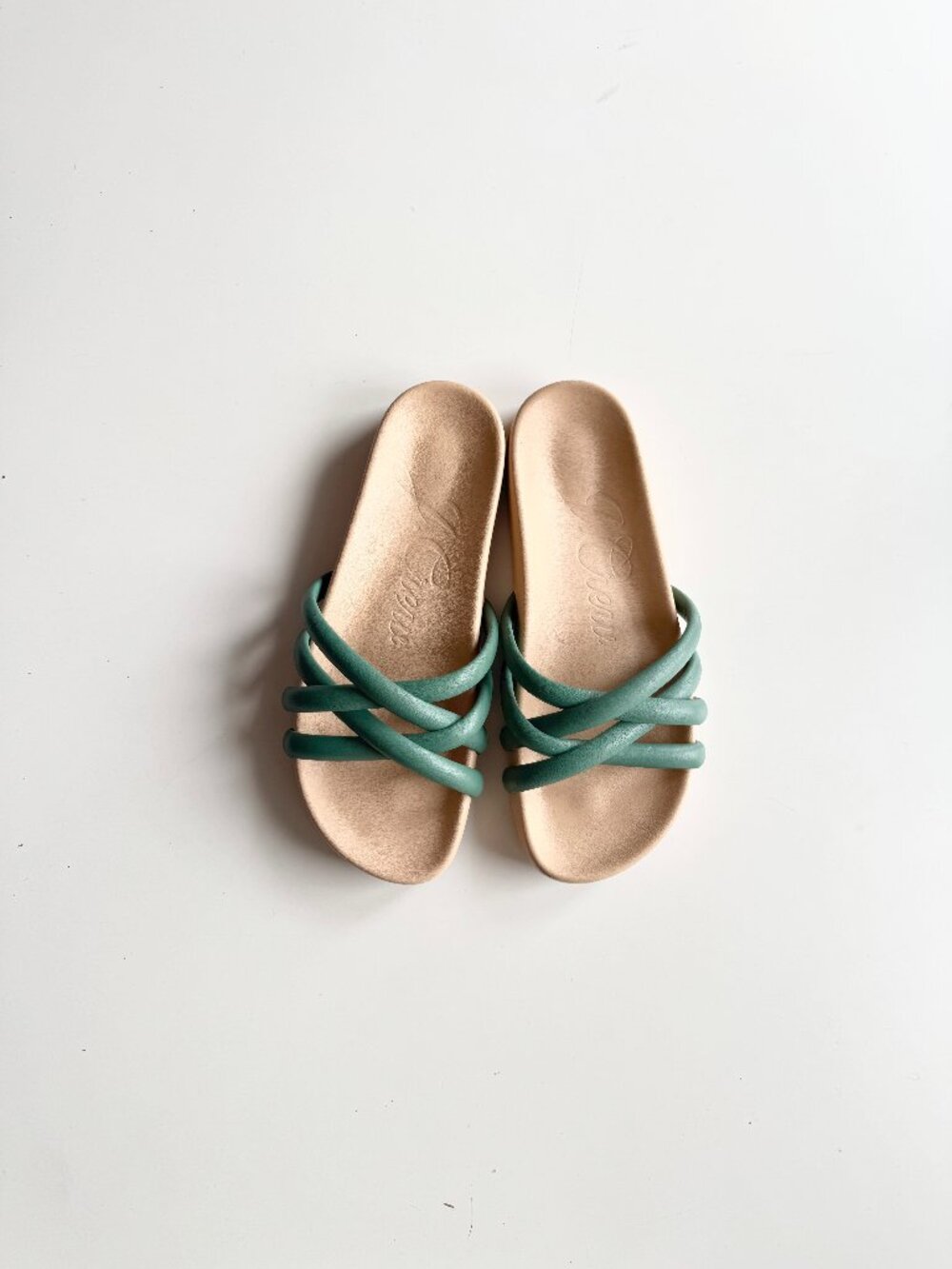 J.CREW Pacific Cushy Strap Agate Green Leather Slides Sandals, Size 8
